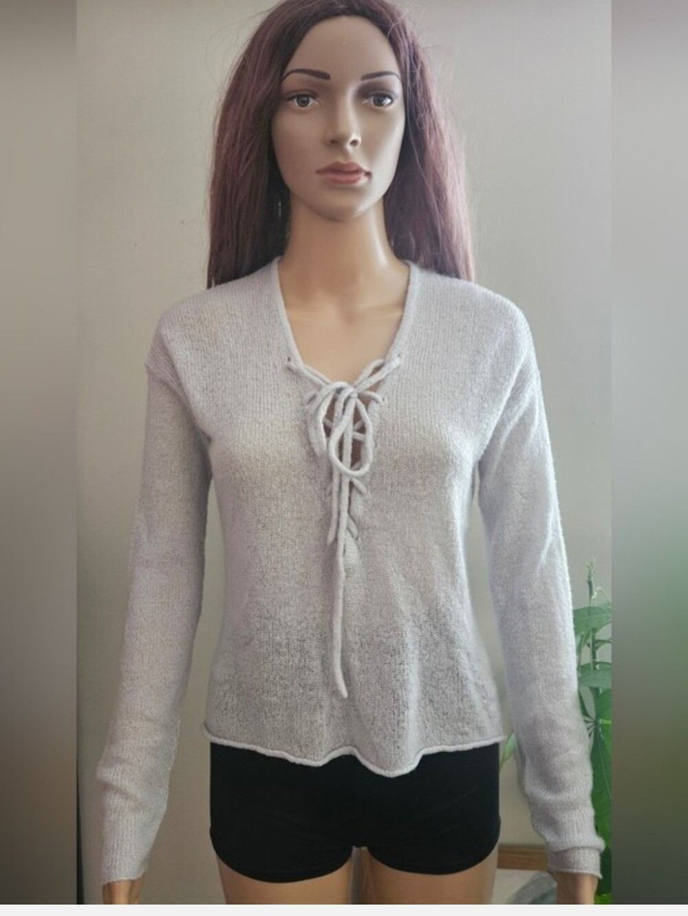 Brunette The Label Light Gray Lace-Up V-Neck Women’s Sweater Top Semi Sheer